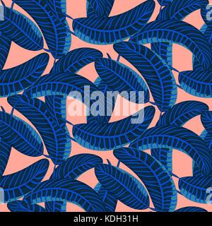 Indigo blue palm leaves dense bold seamless vector pattern. Stock Vector