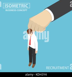 Flat 3d isometric businessman being picked up by big hand. Recruitment concept. Stock Vector