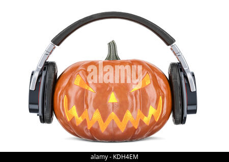 Halloween pumpkin with headphones, 3D rendering Stock Photo