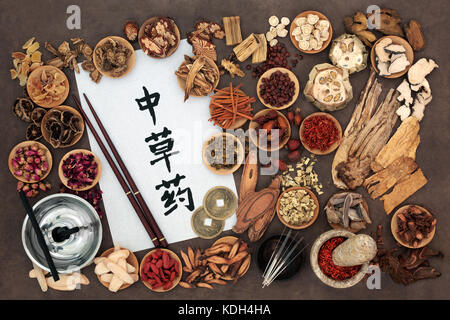 Chinese alternative medicine with herb selection and acupuncture needles, moxa sticks used in moxibustion therapy and calligraphy script on rice paper Stock Photo