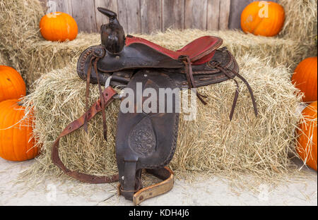 Leather saddle on hay stack with pumpkins around Stock Photo