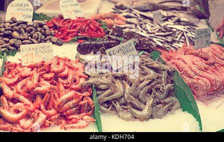 fresh raw seafoods on market counter Stock Photo