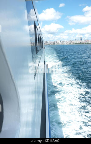 View from the side of moving boat on water in Marmara Sea Stock Photo