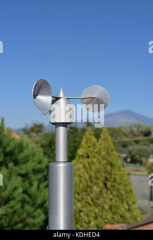close up of aluminum anemometer on roof Stock Photo