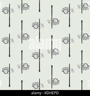 Old clock street seamless pattern. Street pole retro and vintage clock. Vector illustration Stock Vector