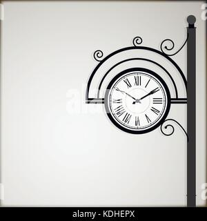 Vintage poster banner with copyspace for note. Rerro template card wih clock in victorian style. Vector illustration Stock Vector