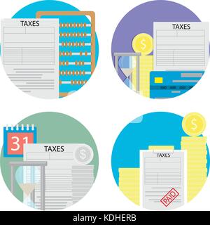 Taxes count and pay a set of icons. Vector tax and money, calculator and taxes due, accounting taxes money illustration Stock Vector