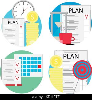Planning and management of business set icons. Plan time, checklist marker, management and schedule, vector illustration Stock Vector