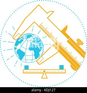 concept of measurement, calculation in the form of a calipers measuring the earth and scales.  Icon in the linear style Stock Vector