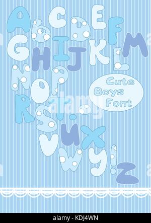 Funny hand drawn font for little boys. Letters in blue colors and letters with white dots. Useful for cards, postcards or for the other kid's items. Stock Vector
