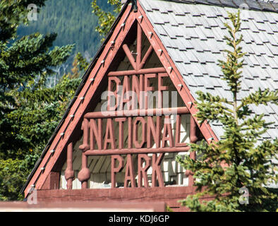 Alberta, Canada - September 2015: The rustic Banff National Park entrance sign near Harvie Heights, Alberta, Canada. Stock Photo