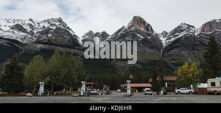 Icefields Parkway, Alberta, Canada - Circa September 2015: The mountains make a beautiful backdrop for the Crossing Gas Station and Store in Alberta,  Stock Photo