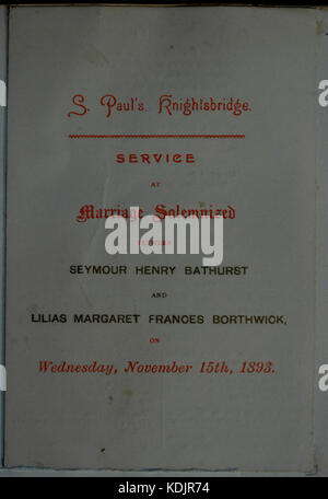 Marriage Solemization service for S.H. Bathurst and L.M.F. Borthwick 15 November 1893, Knightsbridge Stock Photo