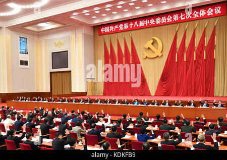 Beijing, China. 14th Oct, 2017. The Political Bureau of the Communist Party of China (CPC) Central Committee presides over the Seventh Plenary Session of the 18th CPC Central Committee in Beijing, capital of China. The plenum was held from Oct. 11 to 14 in Beijing. Credit: Li Tao/Xinhua/Alamy Live News Stock Photo