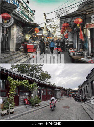 Beijing, China. 14th Oct, 2017. Combined file photo taken on Sept. 5, 2017 (lower) shows the Dazhiqiao Hutong in Beijing, capital of China. Beijing witnesses a great change in the past five years and the city will keep focusing on the coordinated development in Beijing, Tianjin and Hebei regions and objective of removing non-capital functions. Credit: Xinhua/Alamy Live News Stock Photo