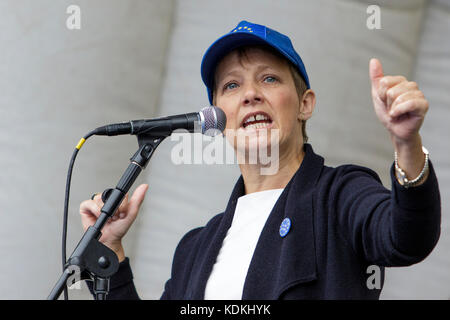 Bristol, UK. 14th Oct, 2017. Clare Moody Labour MEP for South West England & Gibraltar is pictured as she talks to Pro EU supporters at an anti Brexit protest rally in College Green. The rally was held to allow people to show their support for the UK remaining part of the European Union and to celebrate the South-West and Gibraltar European Parliament Constituency and the benefits that the region enjoys as part of the European Union. Credit: lynchpics/Alamy Live News Stock Photo