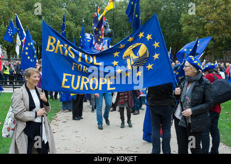 South West and Gibraltar #StopBrexit March and Rally. Bristol, UK, 14th October 2017. One of 12 planned regional rallies taking place today. Campaigners against Brexit marched from Queens Square to College Green for a well supported rally. Pictured left Clare Moody Labour MEP, and to the right Julie Girling Conservative MEP. Julie recently had the Conservative whip withdrawn. Credit: Steve Bell/Alamy Live News Stock Photo