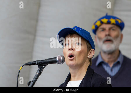 Bristol, UK, 14th October, 2017. Clare Moody Labour MEP for South West England & Gibraltar is pictured as she talks to Pro EU supporters at an anti Brexit protest rally in College Green. The rally was held to allow people to show their support for the UK remaining part of the European Union and to celebrate the South-West and Gibraltar  European Parliament Constituency and the benefits that the region enjoys as part of the European Union. Stock Photo