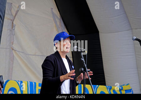 Bristol, UK. 14th October, 2017. Clare Moody, Labour MEP for South-West England and Gibraltar,  speaks at an anti-Brexit rally on College Green in the city centre. The rally was organised by the pro-EU pressure group Bristol for Europe to celebrate the European Parliamentary constituency of South-West England and Gibraltar, and the benefits that they feel the region enjoys as a result of the UK’s membership of the EU. Credit: Keith Ramsey/Alamy Live News Stock Photo