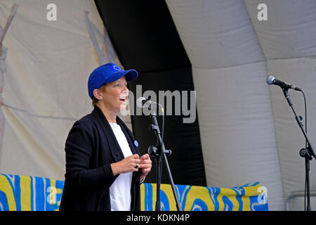 Bristol, UK. 14th October, 2017. Clare Moody, Labour MEP for South-West England and Gibraltar,  speaks at an anti-Brexit rally on College Green in the city centre. The rally was organised by the pro-EU pressure group Bristol for Europe to celebrate the European Parliamentary constituency of South-West England and Gibraltar, and the benefits that they feel the region enjoys as a result of the UK’s membership of the EU. Credit: Keith Ramsey/Alamy Live News Stock Photo