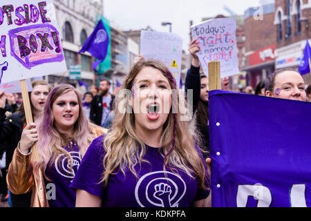 Belfast, Northern Ireland. 14/10/2017 - Rally For Choice hold a parade in support of pro-choice abortion rights and women's reproductive rights.  Approximately 1200 people attended the event.