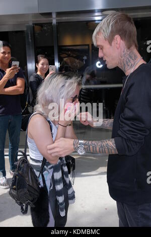 Aaron Carter meets fans outside the Sony building before meeting with