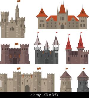 Medieval castles, fortresses and strongholds with fortified wall and towers Stock Vector