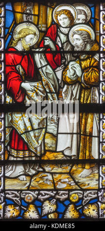 LONDON, GREAT BRITAIN - SEPTEMBER 17, 2017: The Jesus teaching the apostles in church St. James Spanish Place probably by Lavers, Barraud & Westlake Stock Photo