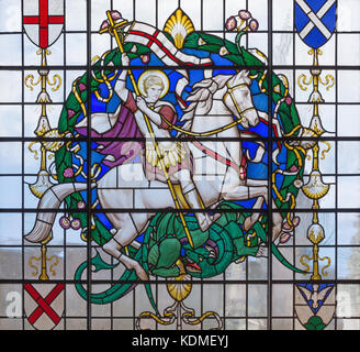 LONDON, GREAT BRITAIN - SEPTEMBER 14, 2017: The saint George on the stained glass in church St. Lawrence Jewry by Christopher Webb (half of 20. cent.) Stock Photo