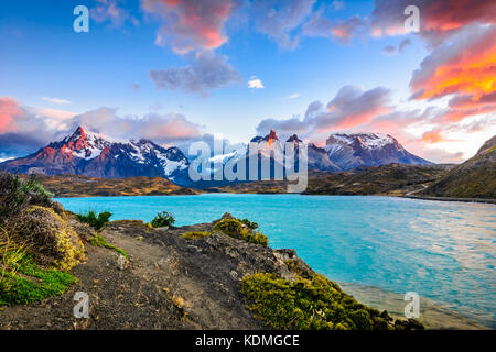 Torres del Paine over the Pehoe lake, Patagonia, Chile - Southern Patagonian Ice Field, Magellanes Region of South America Stock Photo
