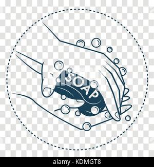 concept of cleanliness, hygiene in the form of hands with soap. Icon, silhouette in the linear style Stock Vector