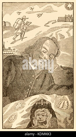 Frontispiece from ‘The Pilgrim’s Progress From This World, To That Which Is To Come’ by John Bunyan (1628-1688) showing the author dreaming of the pilgrim Christian burdened with the knowledge of his sins as he journeys from the City of Destruction (Earthly world) to the Celestial City (Heaven). See more information below. Stock Photo