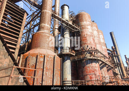 Bethlehem Steel Plant factory, Steelstacks, Pennsylvania,, Abandoned rusting remains of blast furnaces closed in 1995, now arts and events centre,USA. Stock Photo