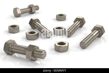 Several bolts and nuts placed on white background. 3D rendering. Stock Photo