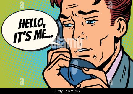Pop art man talking on the phone Hello it is me. Comic book cartoon pop art retro Illustrator vector drawing Stock Vector
