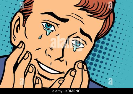 Tears of joy, funny face man in love. Comic book cartoon pop art retro Illustrator vector drawing Stock Vector