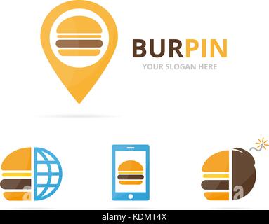 Set of burger logo combination. Hamburger and gps locator symbol or icon. Unique fastfood and pin logotype design template. Stock Vector