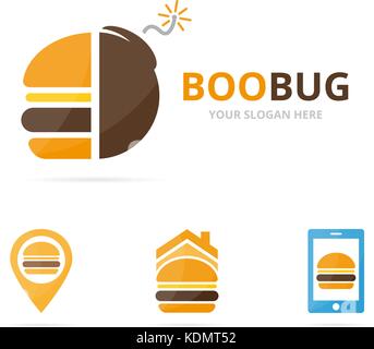 Set of burger logo combination. Hamburger and detonate symbol or icon. Unique fastfood and weapon logotype design template. Stock Vector