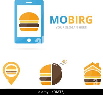 Set of burger logo combination. Hamburger and mobile symbol or icon. Unique fastfood and device logotype design template. Stock Vector