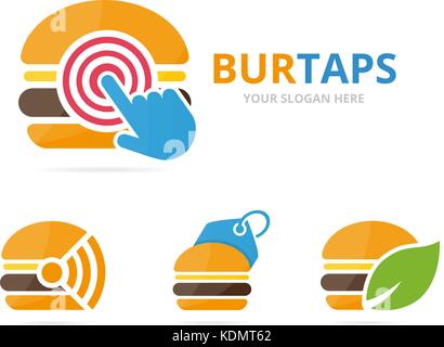 Set of burger logo combination. Hamburger and cursor symbol or icon. Unique snack, fastfood and digital logotype design template. Stock Vector