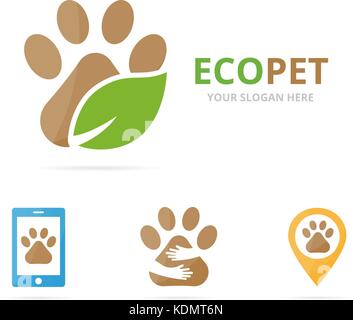 Set of paw logo combination. Pet and eco symbol or icon. Unique vet and organic logotype design template. Stock Vector