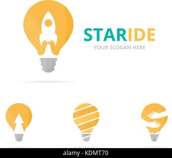 Set of lamp logo combination. Lightbulb and airplane symbol or icon. Unique idea and flight logotype design template. Stock Vector