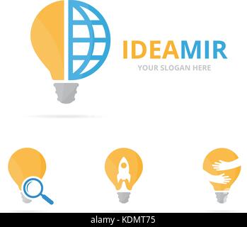 Set of lamp logo combination. Lightbulb and world symbol or icon. Unique idea and globe logotype design template. Stock Vector