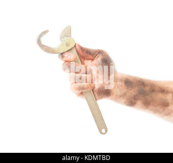 dirty and oily hand holding wrench tool isolated on white Stock Photo