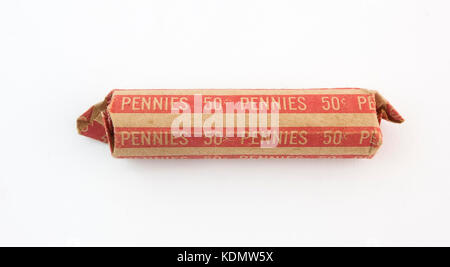 Paper roll of pennies. Isolated. Horizontal. Stock Photo