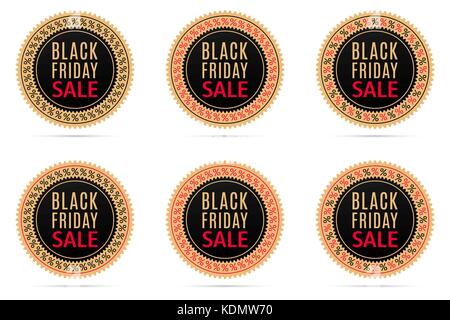 Black Friday Sale. Round Banner with Advertising of Black Friday Day with black, gold and red color. Vector Colorful Sale Sticker, isolated Stock Vector