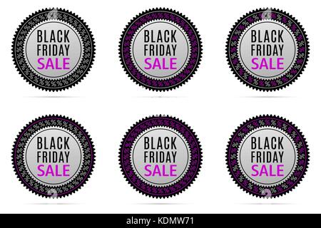 Black Friday Sale. Round Banner with Advertising of Black Friday Day with black, silver and purple color. Vector Colorful Sale Sticker, isolated Stock Vector