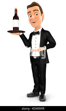 3d waiter standing with red wine bottle, illustration with isolated white background Stock Photo