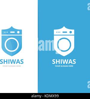 Vector of laundry and shield logo combination. Washing machine and security symbol or icon. Unique washer and guard logotype design template. Stock Vector