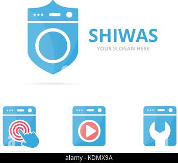 Set of laundry logo combination. Washing machine and security symbol or icon. Unique washer and guard logotype design template. Stock Vector
